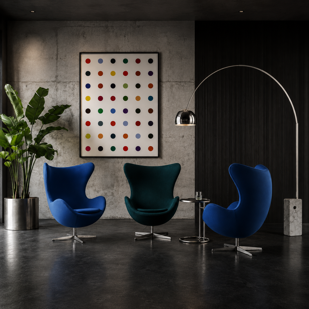 Drei moderne Egg Chairs in Blau und Dunkelgrün in einem stilvollen Interieur mit großer Bogenlampe, Pflanzen und grafischem Wandbild.