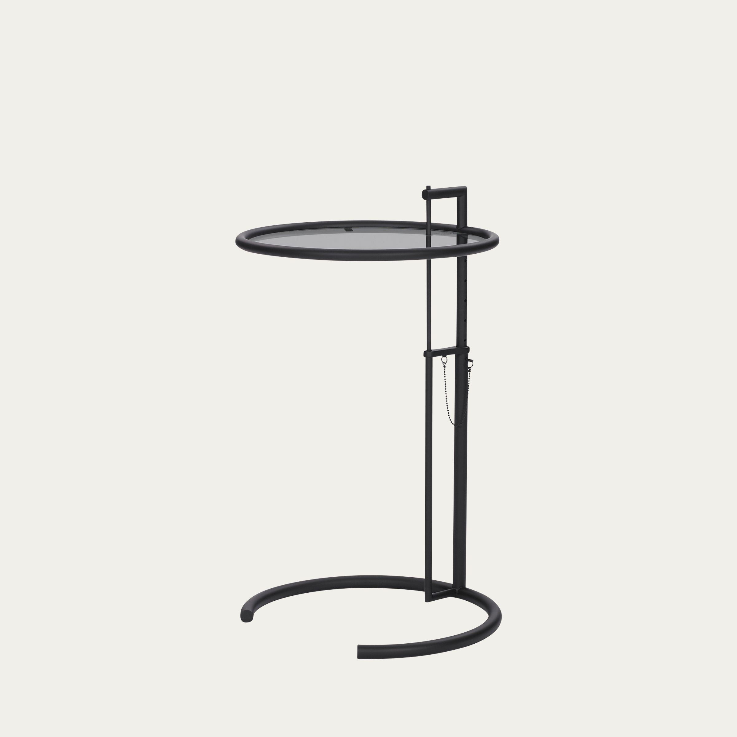 Schwarzer Adjustable Table E1027 von Eileen Gray 1927 mit verstellbarer Tischhöhe, Glasplatte und minimalistischem Stahlgestell