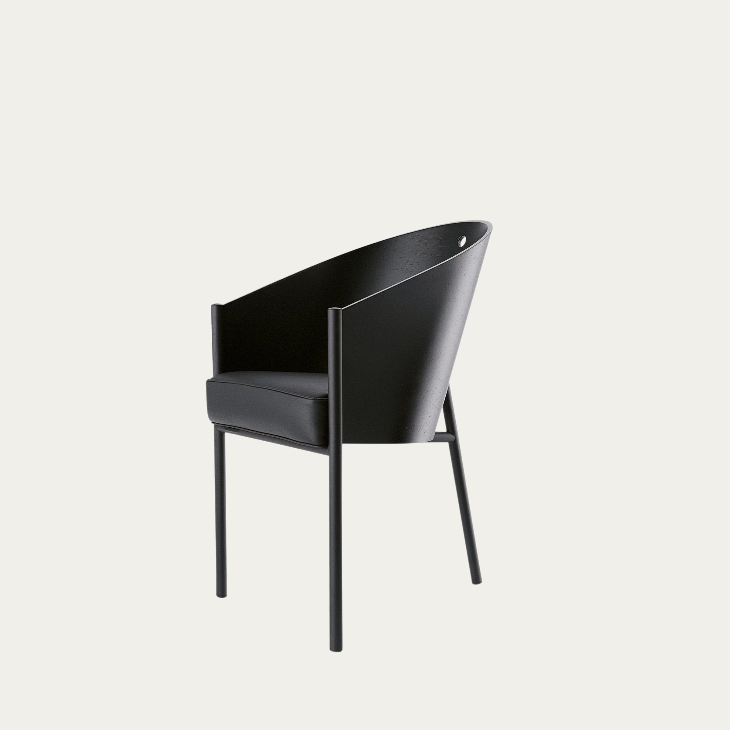 Schwarzer Costes Schalenstuhl von Philippe Starck mit konischer Holzschale und Lederpolster auf drei Metallbeinen