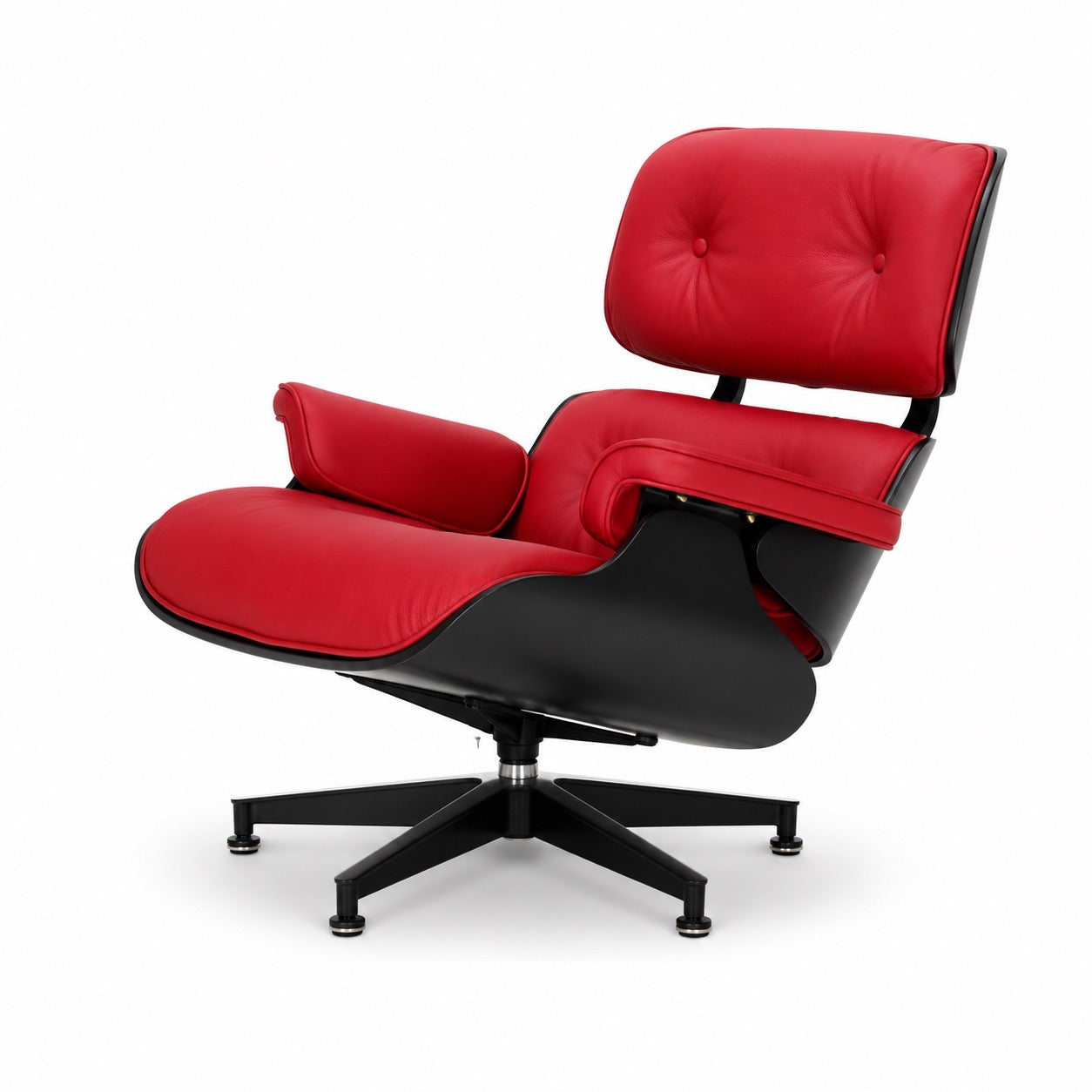 Eames Lounge Chair in rotem Leder mit schwarzem Drehgestell