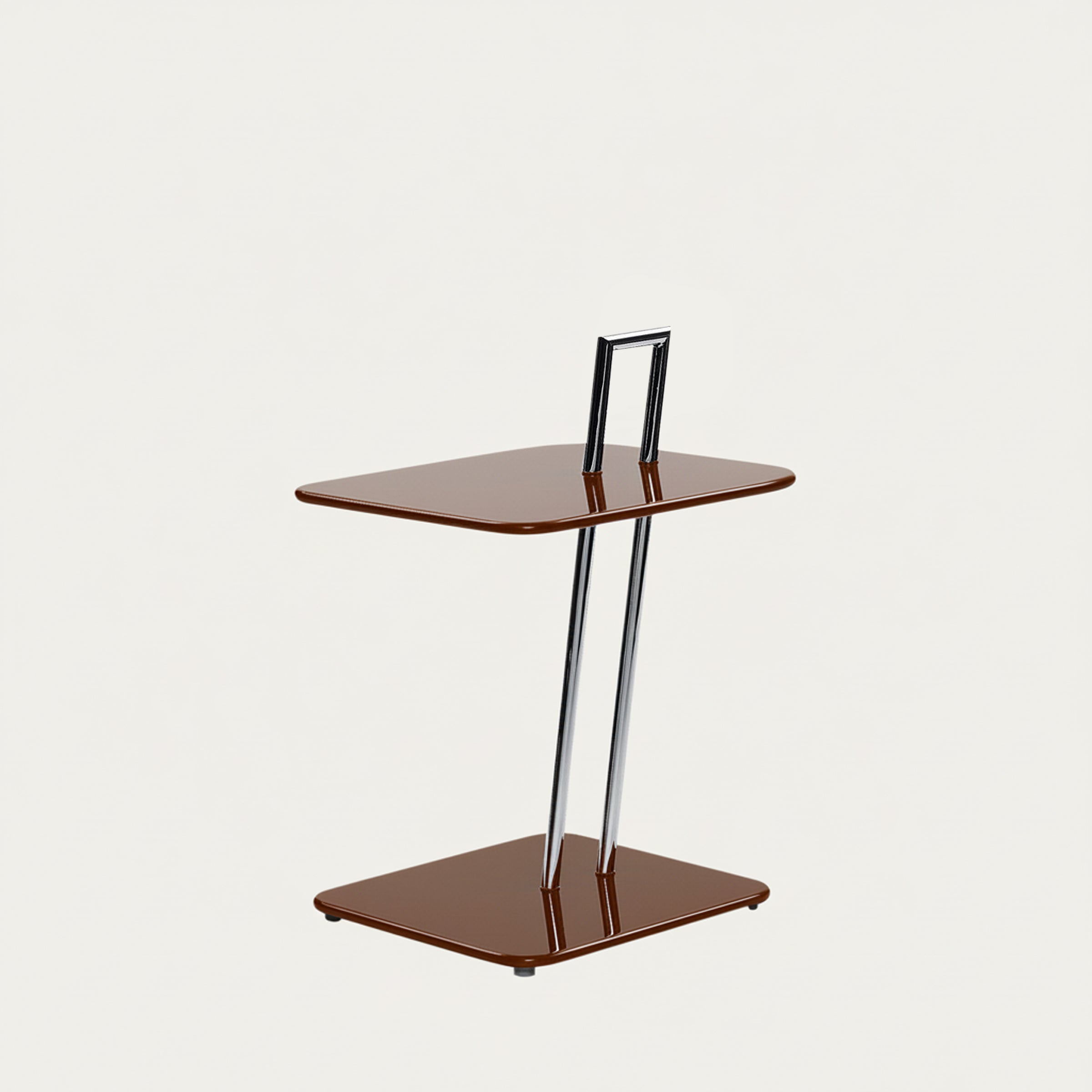 Occasional Table von Eileen Gray 1927 in quadratischer Ausführung mit brauner Lackoberfläche und verchromtem Stahl