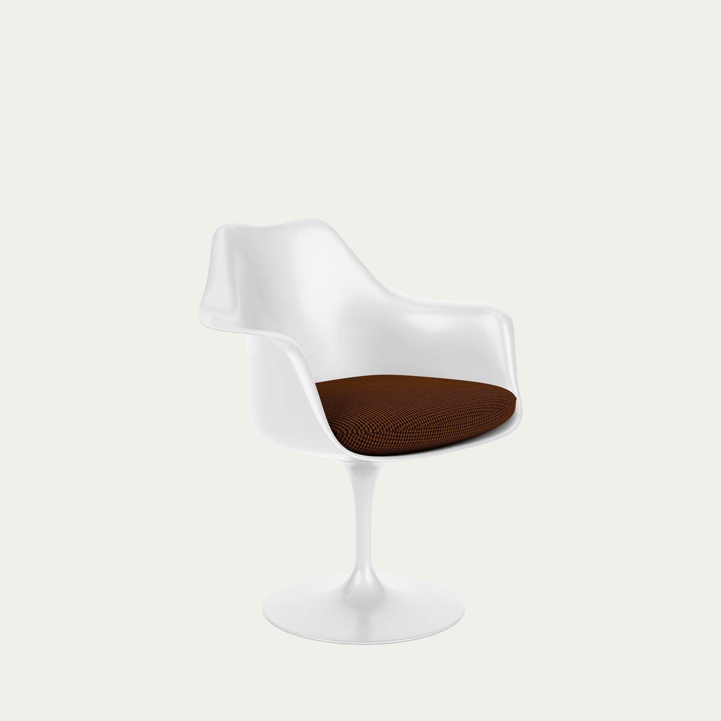 Tulip Armchair von Eero Saarinen 1957 mit weißer Schale und dunkler Sitzpolsterung auf Tulpenfuß