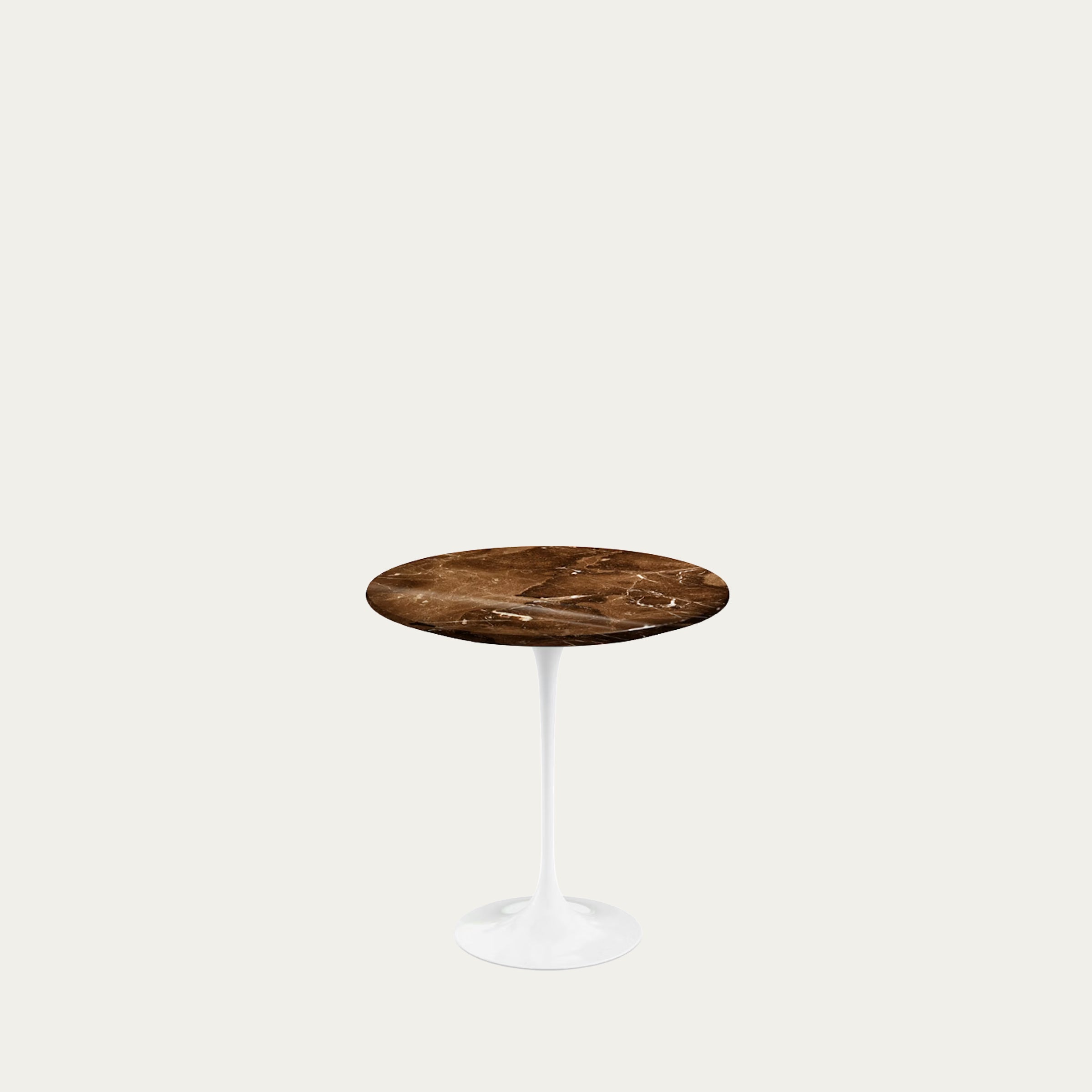 Tulip Side Table von Eero Saarinen 1957 mit runder Marmorplatte in Braun und weißem Tulpenfuß, Designklassiker