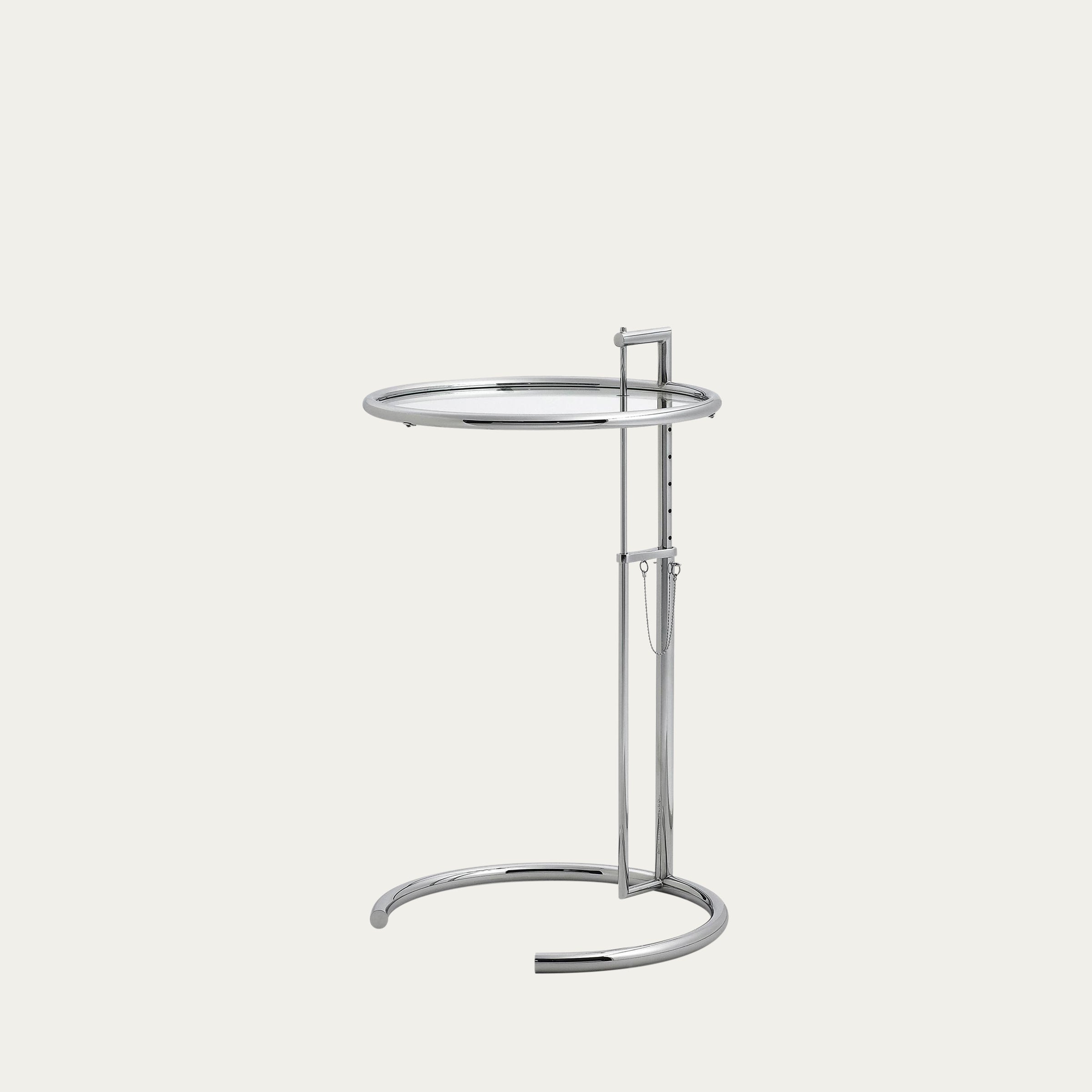 Höhenverstellbarer Adjustable Table E1027 von Eileen Gray 1927 aus verchromtem Stahl mit runder Glasplatte, Designklassiker der Moderne