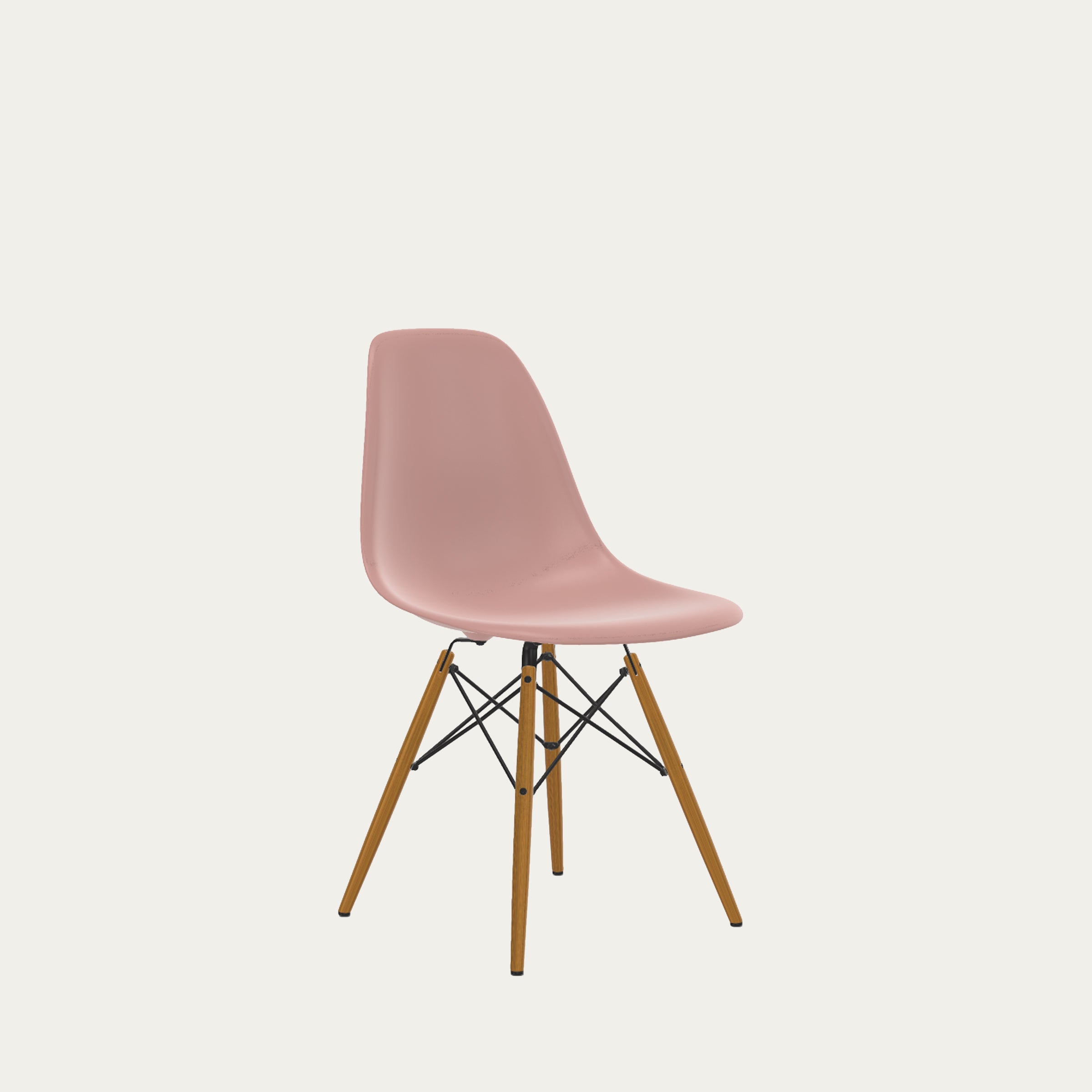 DSW Designstuhl von Charles & Ray Eames (1950) mit rosafarbener Sitzschale und massivem Holzgestell, zeitloses Mid-Century-Design