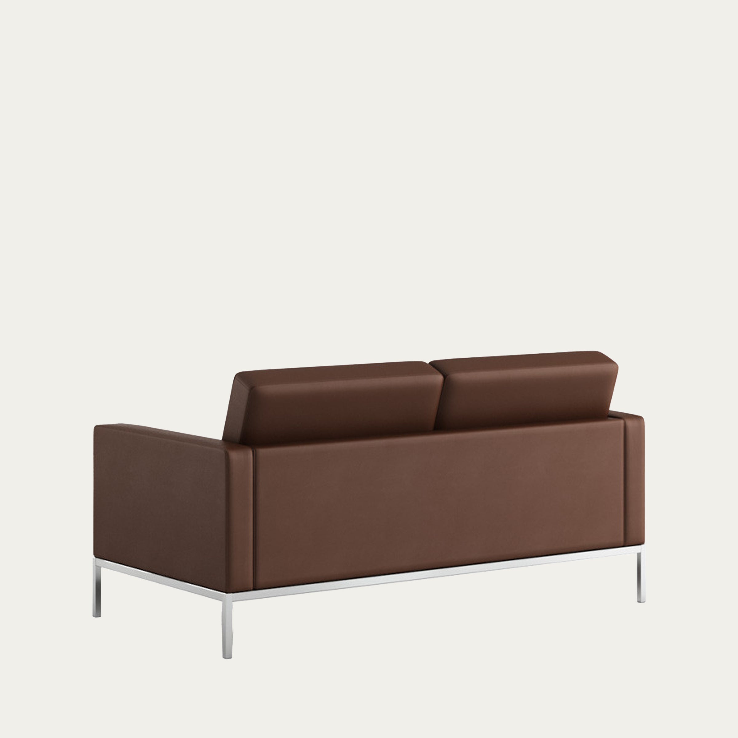 Rückansicht des Florence Knoll Sofas von 1954 in braunem Leder mit minimalistischem Stahlgestell