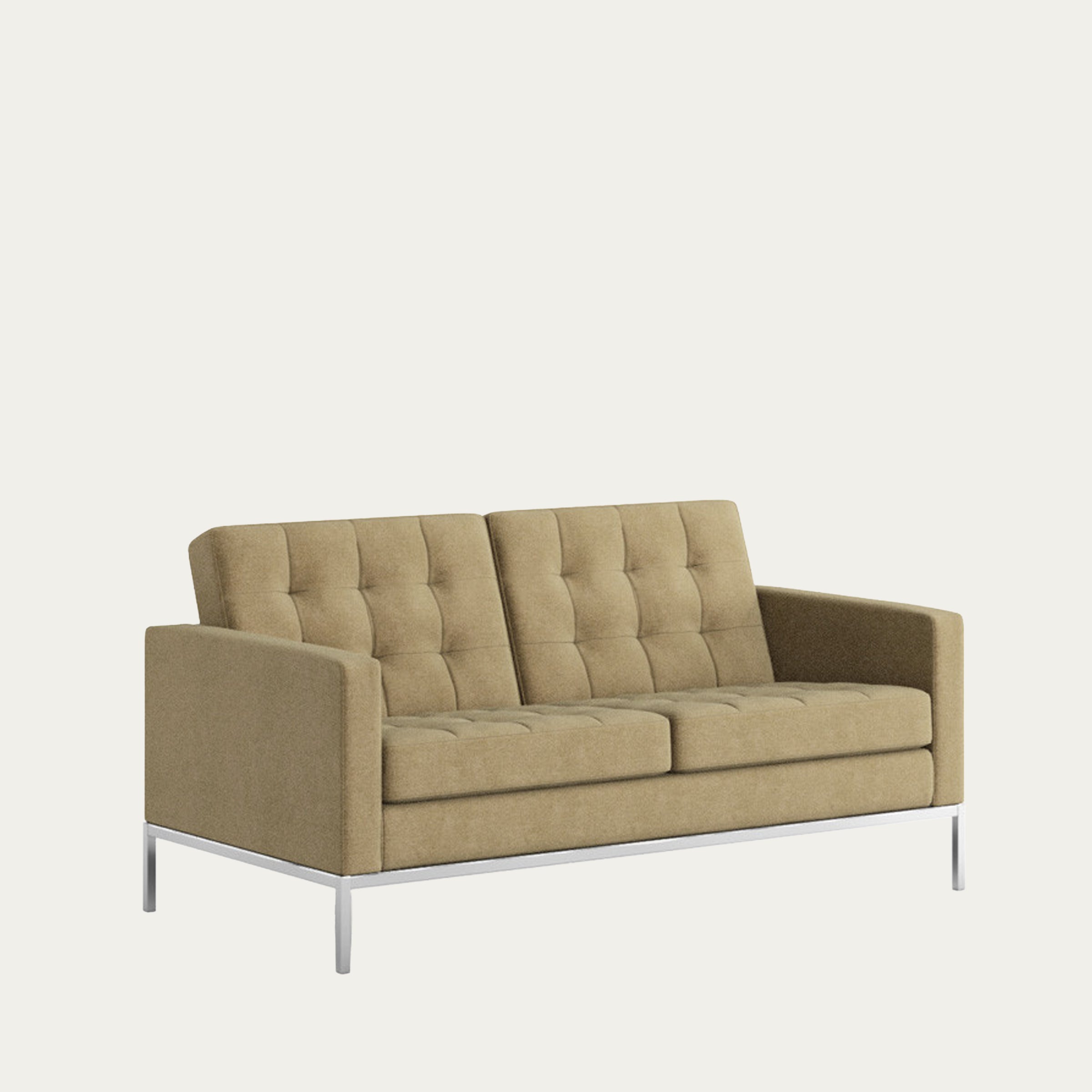 Florence Knoll Sofa von 1954 als Zweisitzer in hellbraunem Stoff mit typischer Knopfheftung und Metallgestell