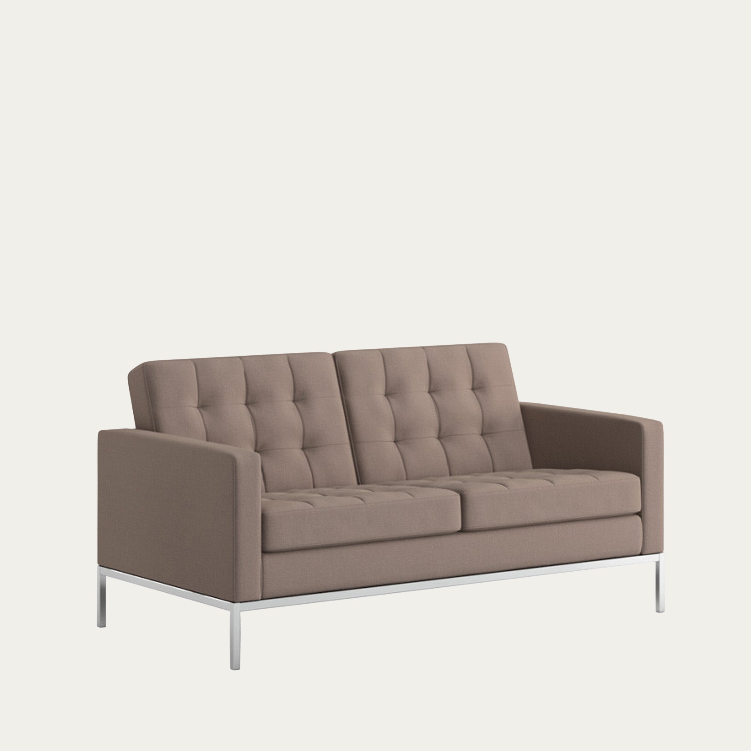 Zweisitziges Florence Knoll Sofa von 1954 in taupefarbenem Stoff mit tuftierten Rückenlehnen und schlankem Metallrahmen