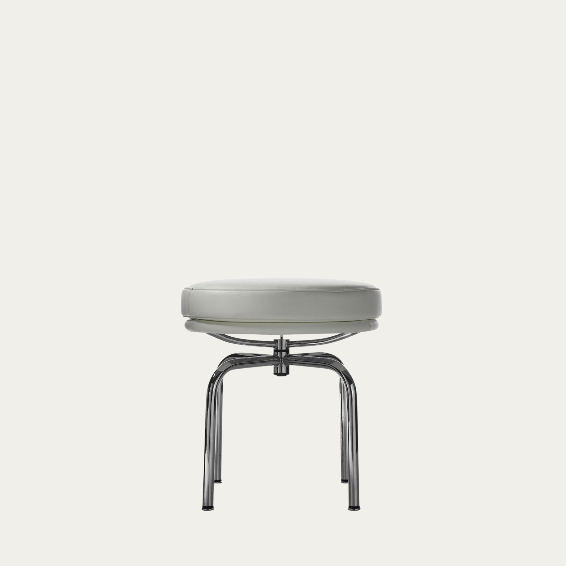Runder LC8 Drehhocker von Le Corbusier mit weißem Lederpolster und verchromten Stahlbeinen