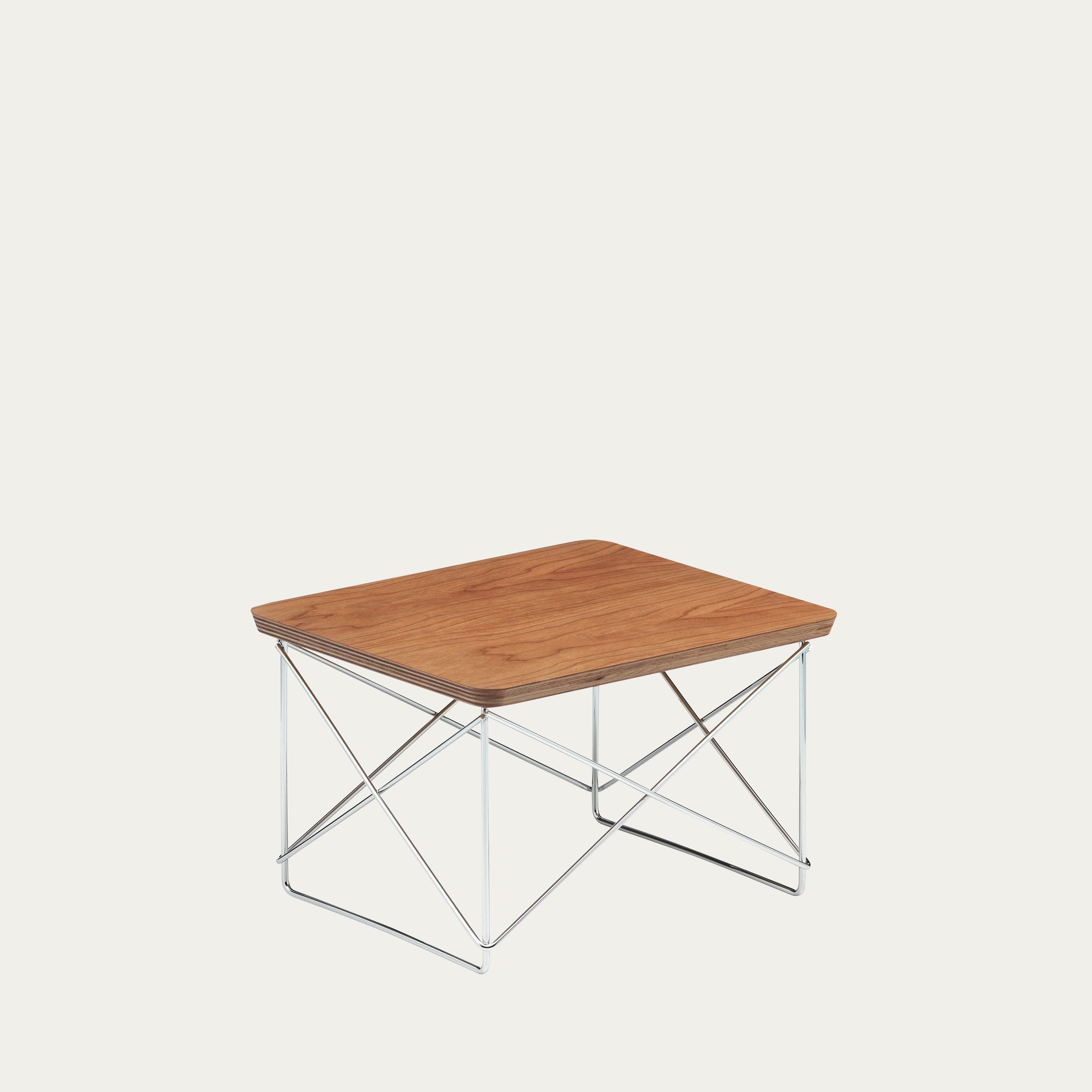 LTR Beistelltisch von Charles & Ray Eames mit naturfarbener Holzplatte und verchromtem Drahtgestell