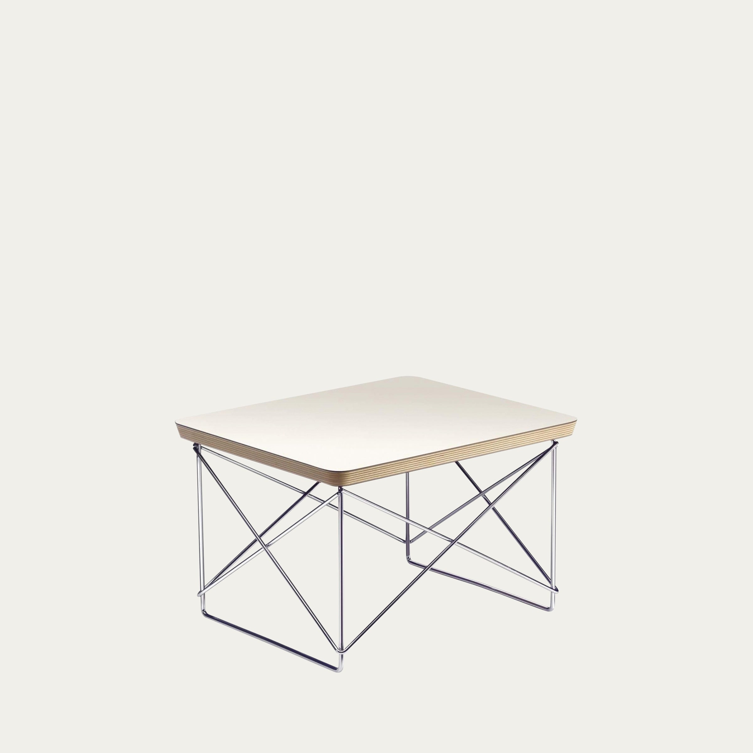 Design-Beistelltisch LTR von Charles & Ray Eames mit weißer Tischplatte und filigranem Drahtuntergestell
