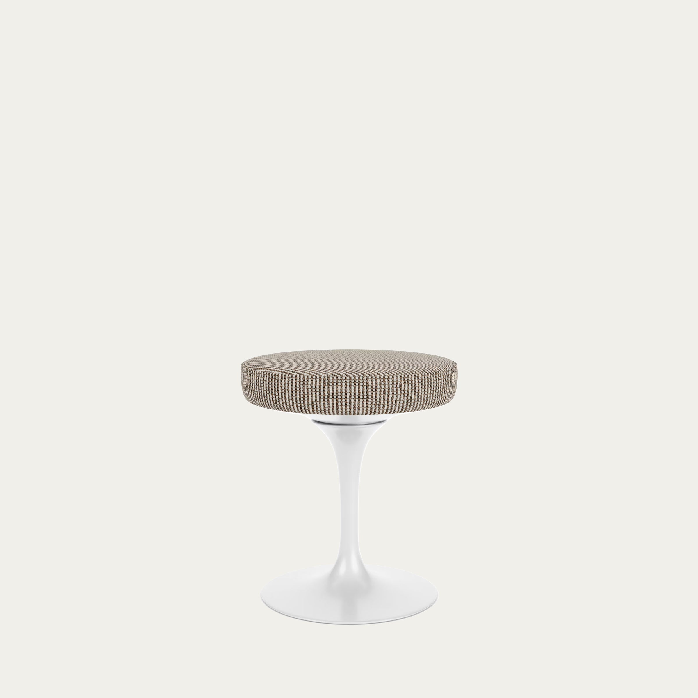 Tulip Stool von Eero Saarinen 1957 mit rundem, gepolstertem Sitz in strukturiertem Stoff und weißem Tulpenfuß